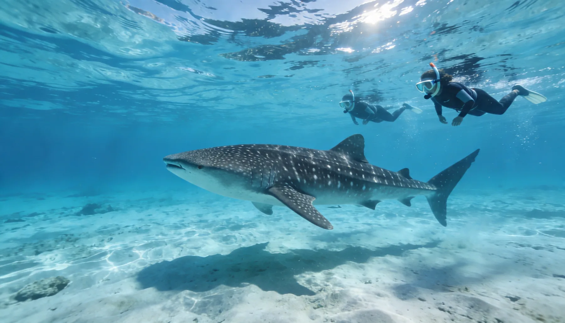 Snorkelers swimming near a whale shark
